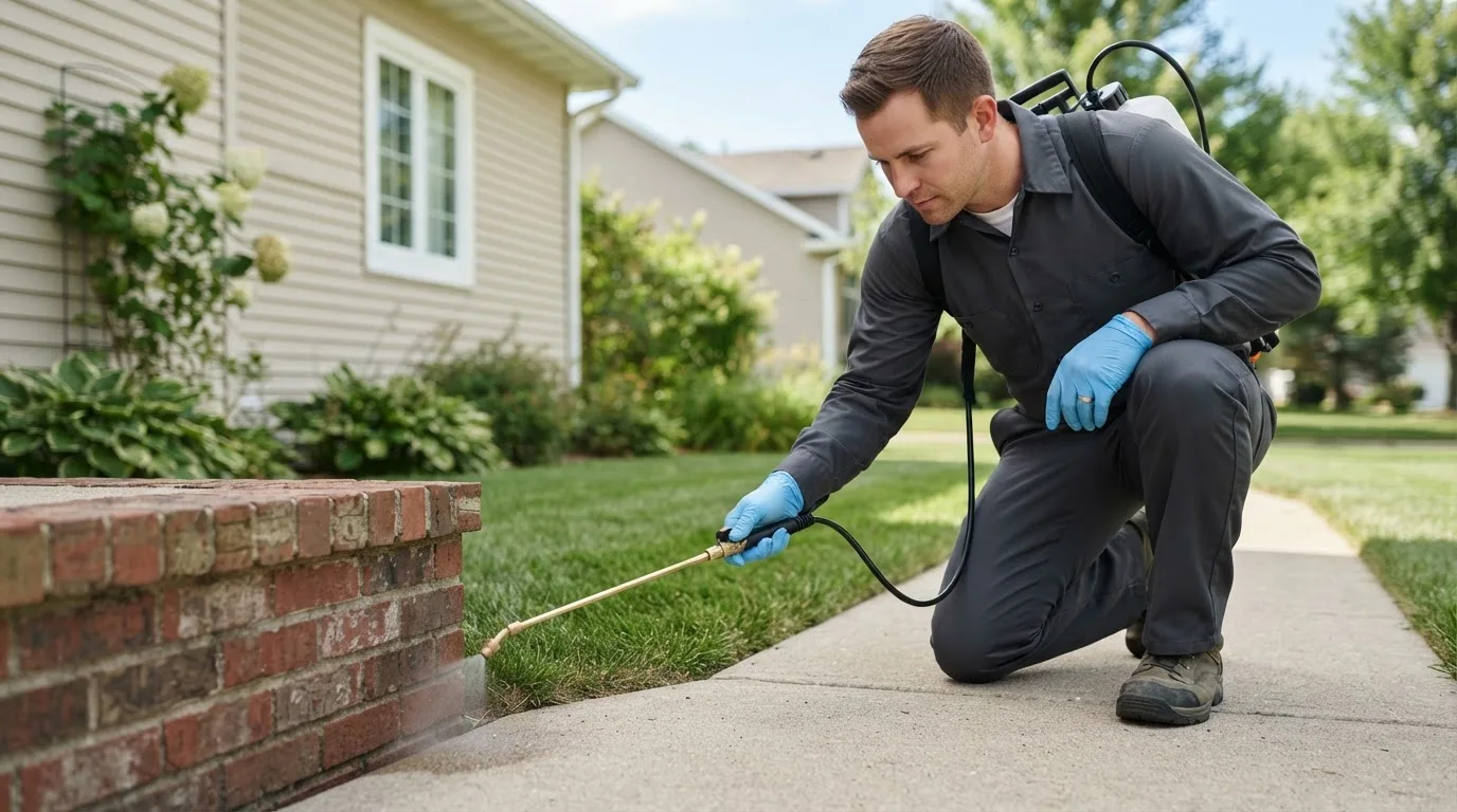 Pest control technician treating a home near Hudson, ME
