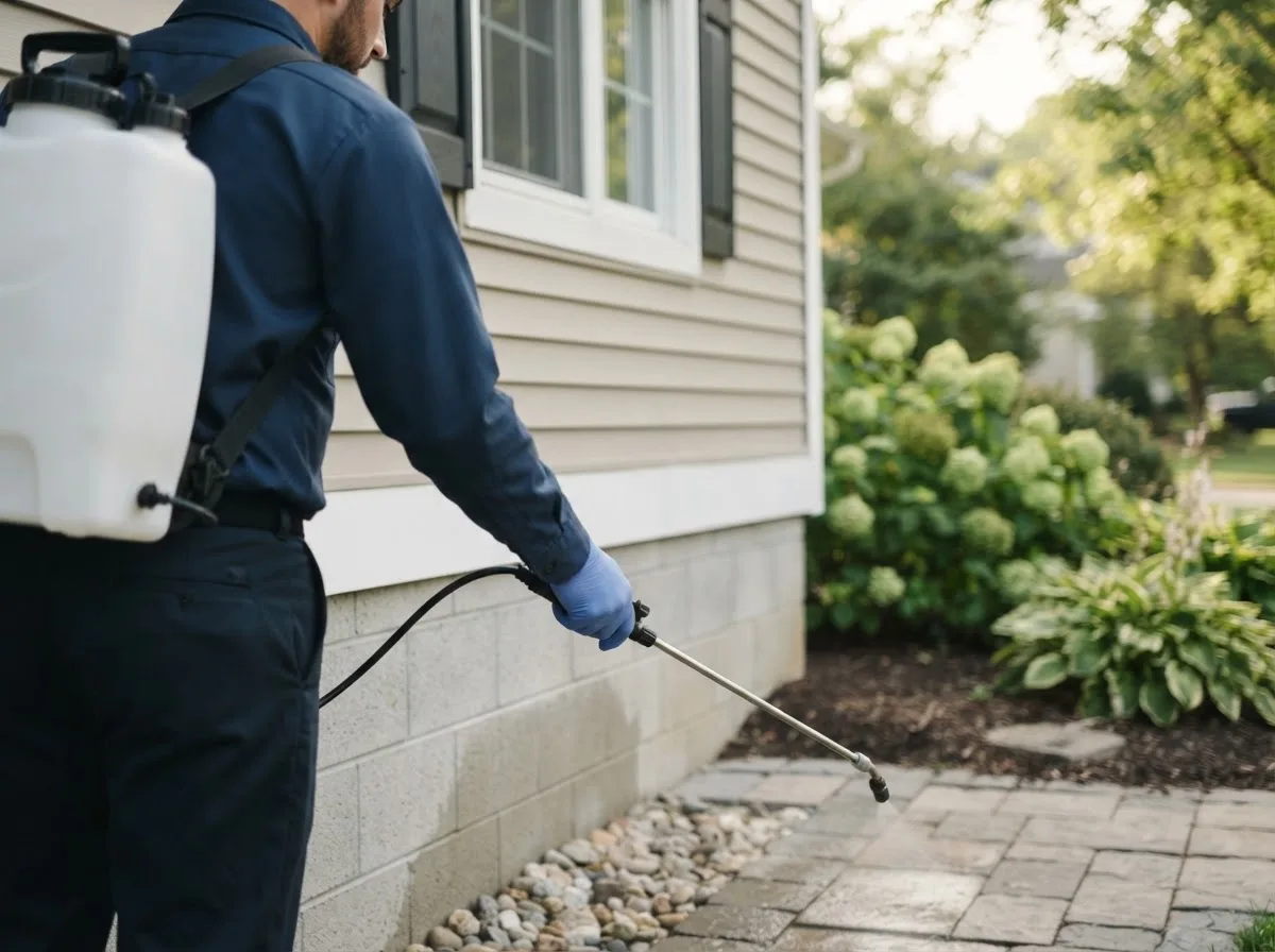Pest control technician inspecting a home in Hudson, ME